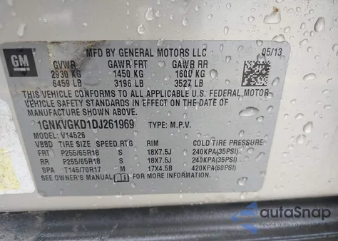 2013 Chevrolet Traverse 1Lt from USA, damaged, VIN 1GNKVGKD1DJ261969